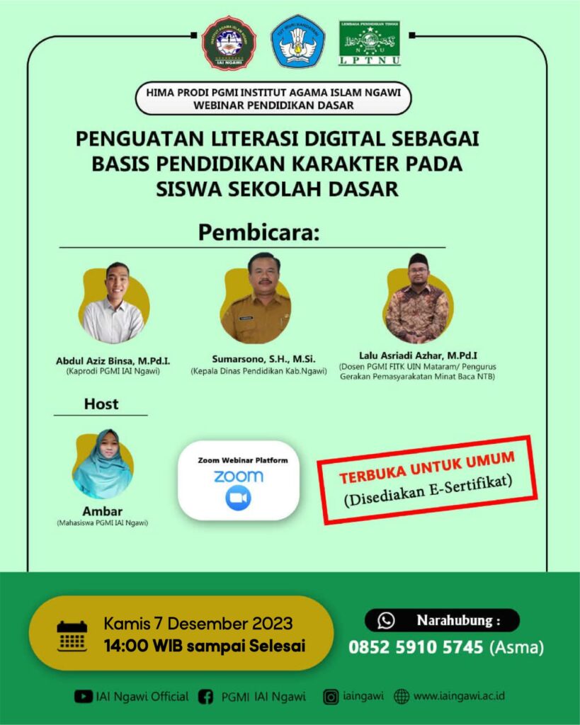 Webinar dan Seminar PGMI IAI Ngawi: Penguatan Literasi Digital Sebagai Basis Pendidikan Karakter Siswa Sekolah Dasar